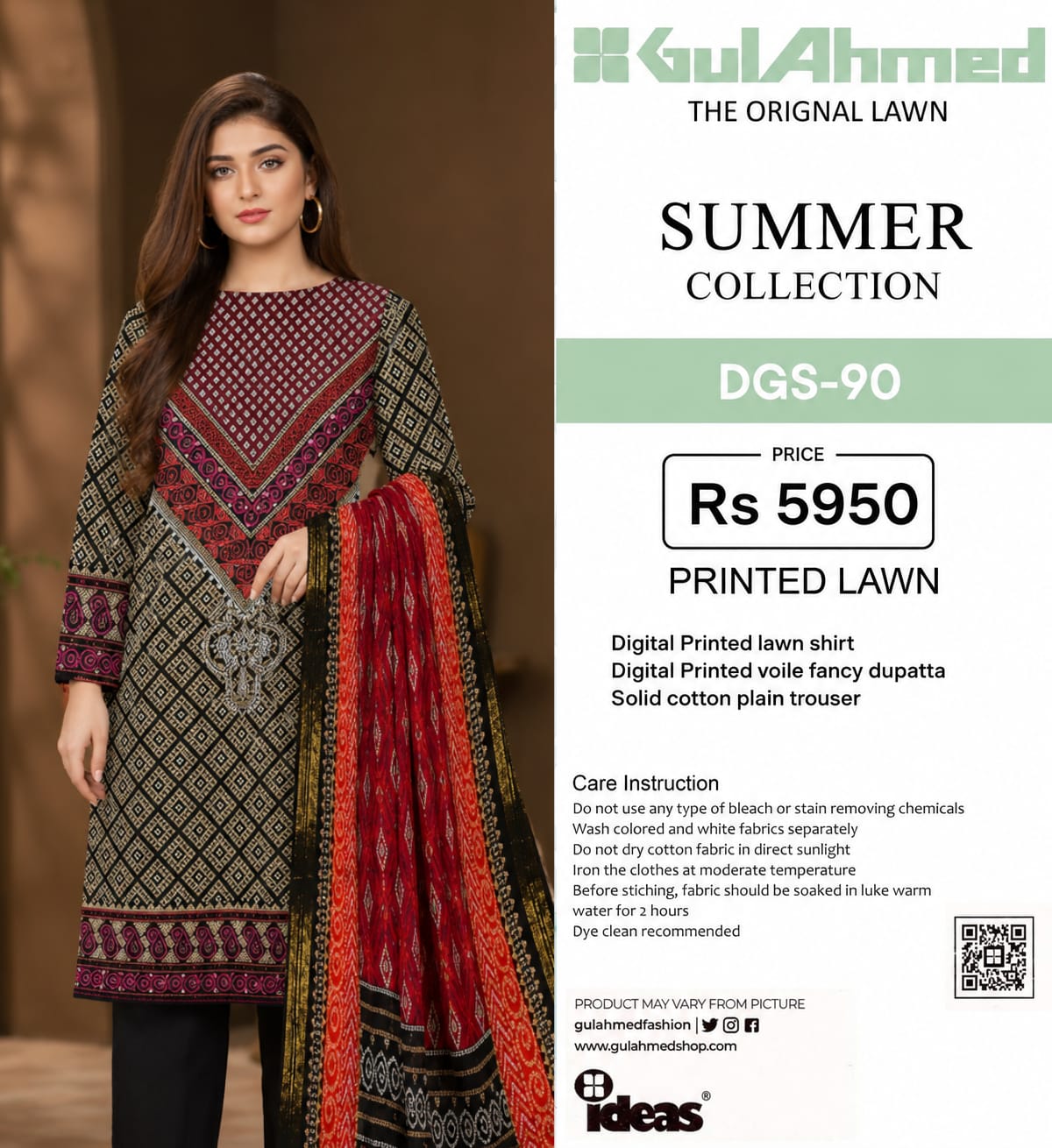 GulAhmed THE ORIGINAL PRINTED LAWN SUMMER COLLECTION /  Content Include: Digital Printed lawn shirt Digital Printed voile fancy dupatta Solid cotton plain trouser