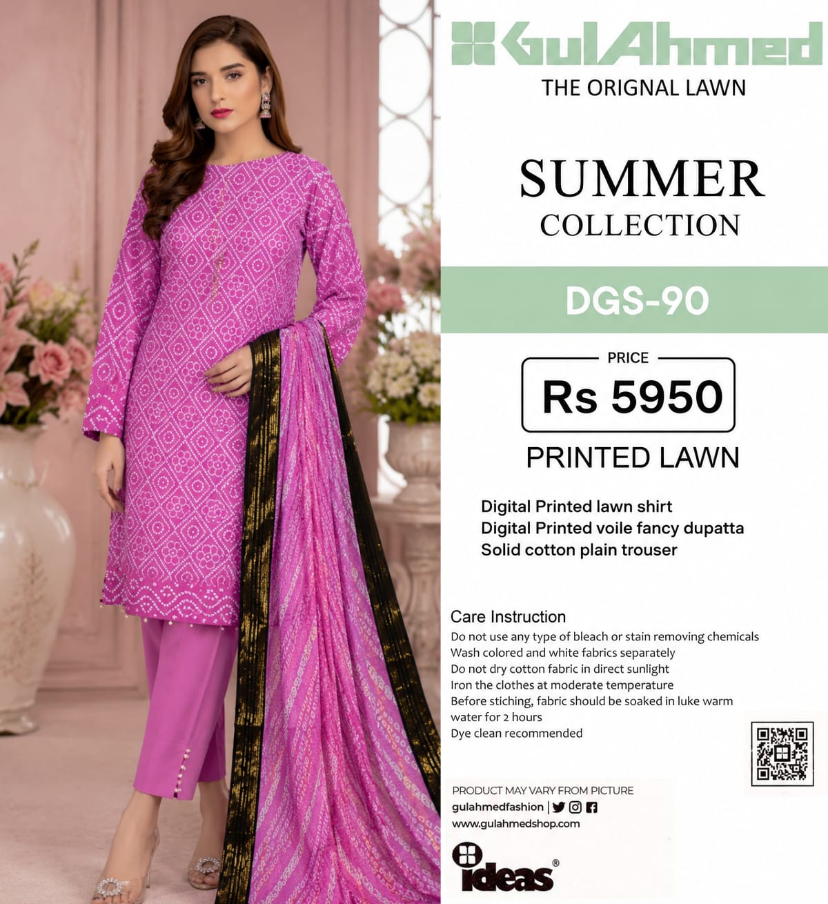 GulAhmed THE ORIGINAL PRINTED LAWN SUMMER COLLECTION /  Content Include: Digital Printed lawn shirt Digital Printed voile fancy dupatta Solid cotton plain trouser