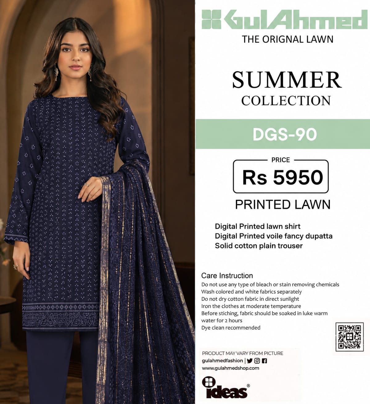 GulAhmed THE ORIGINAL PRINTED LAWN SUMMER COLLECTION /   Content Include: Digital Printed lawn shirt Digital Printed voile fancy dupatta Solid cotton plain trouser