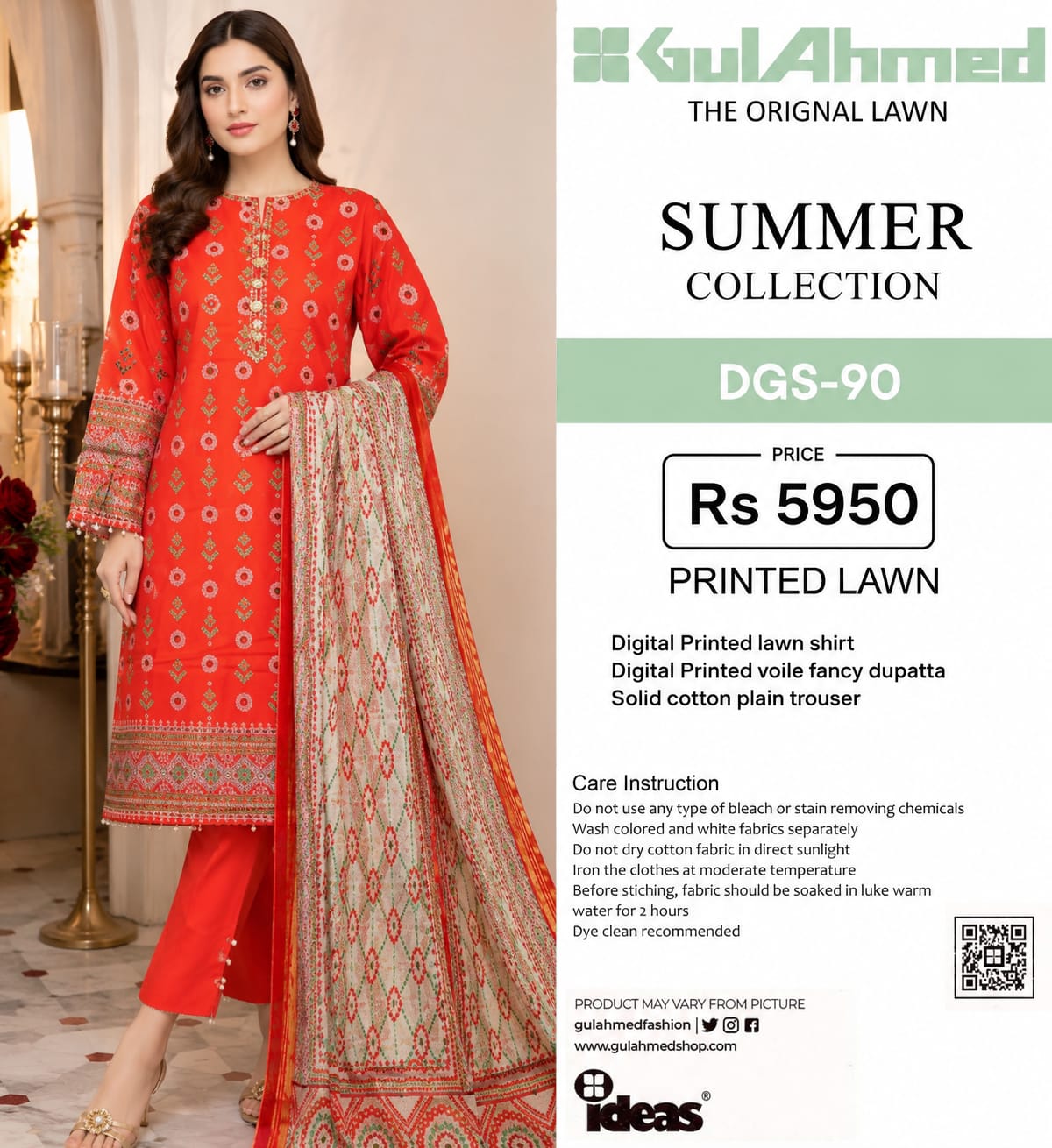 GulAhmed THE ORIGINAL PRINTED LAWN SUMMER COLLECTION /  Content Include: Digital Printed lawn shirt Digital Printed voile fancy dupatta Solid cotton plain trouser