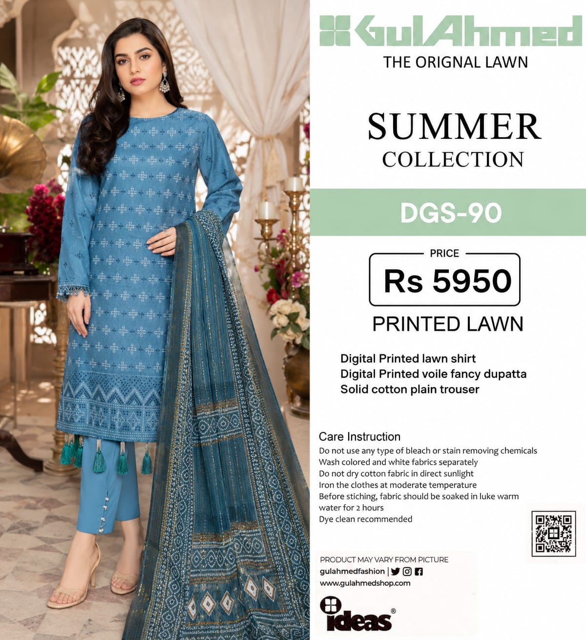 GulAhmed THE ORIGINAL PRINTED LAWN SUMMER COLLECTION /   Content Include: Digital Printed lawn shirt Digital Printed voile fancy dupatta Solid cotton plain trouser