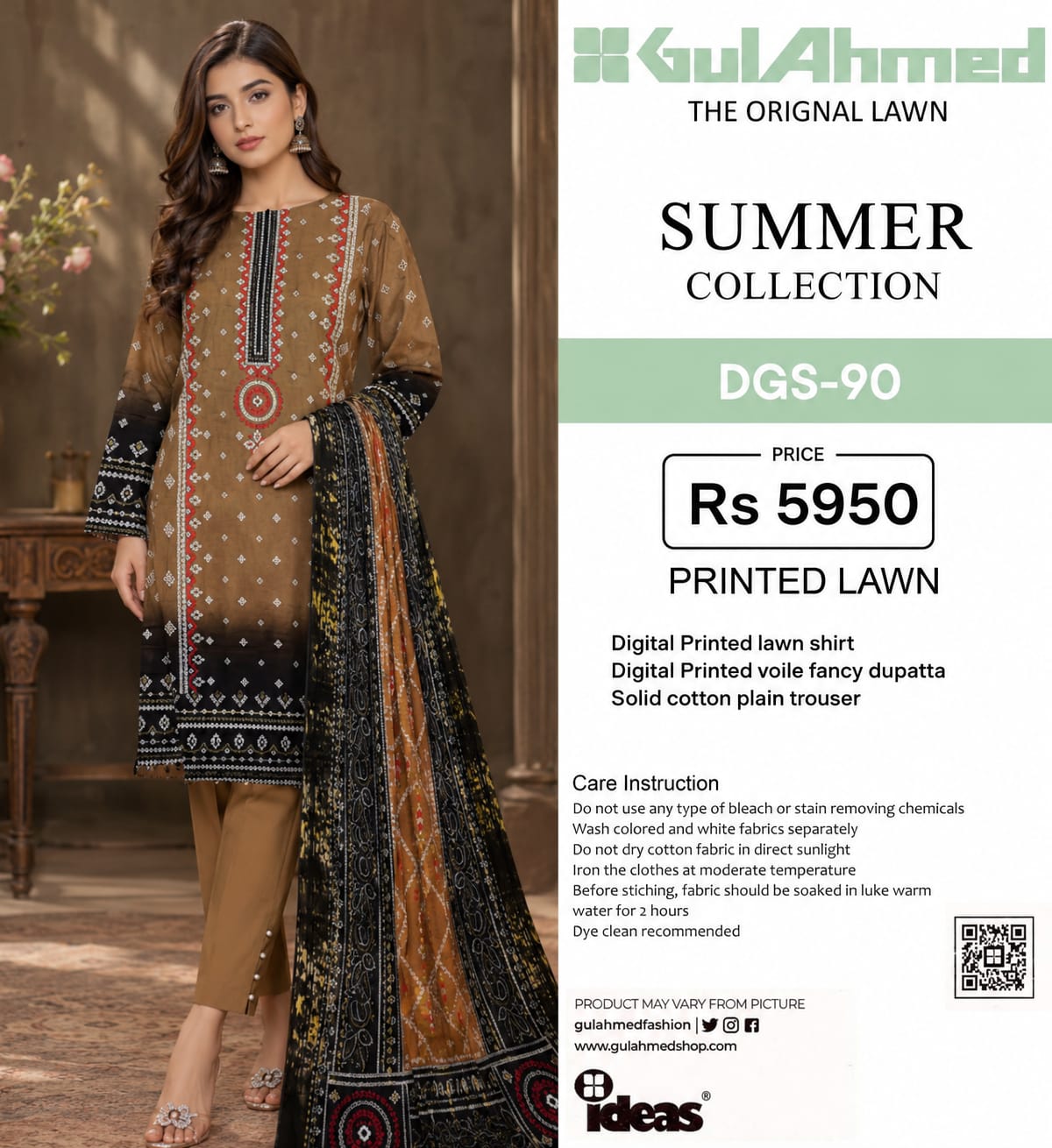 GulAhmed THE ORIGINAL PRINTED LAWN SUMMER COLLECTION /   Content Include: Digital Printed lawn shirt Digital Printed voile fancy dupatta Solid cotton plain trouser