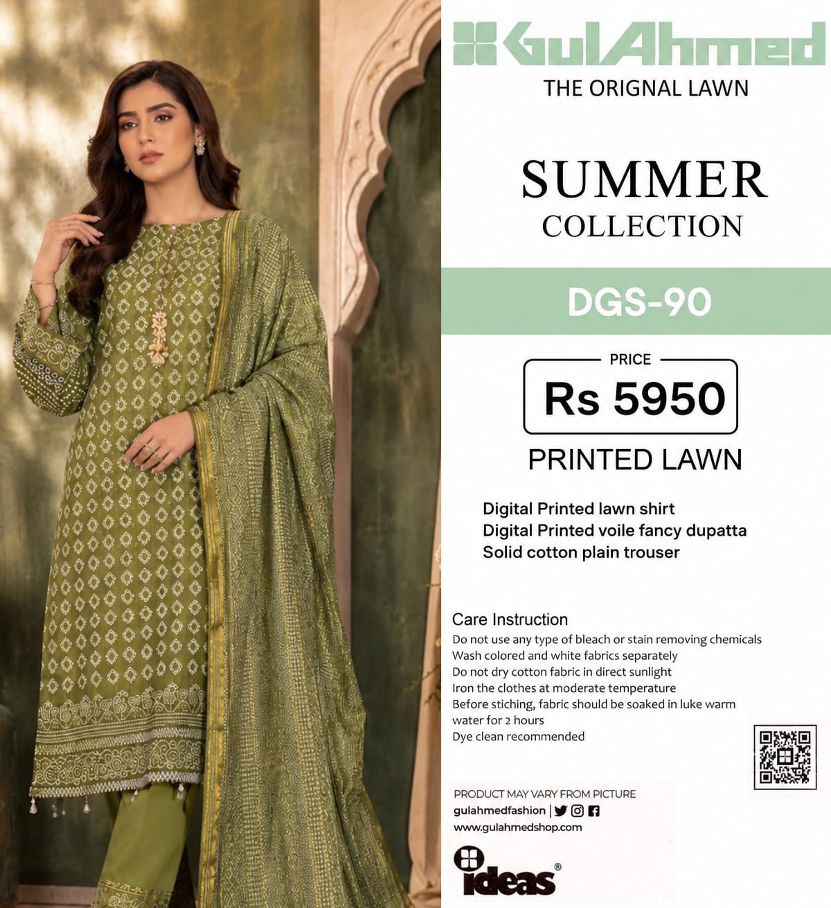 GulAhmed THE ORIGINAL PRINTED LAWN SUMMER COLLECTION /   Content Include: Digital Printed lawn shirt Digital Printed voile fancy dupatta Solid cotton plain trouser